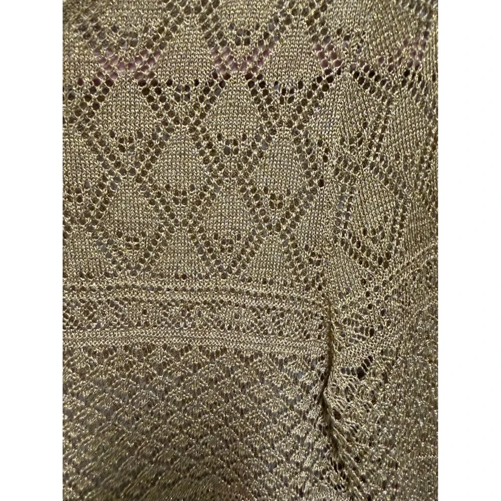Lauren Ralph Lauren‎ Gold Metallic Pointelle Knit Crochet Sweater Top Womens M